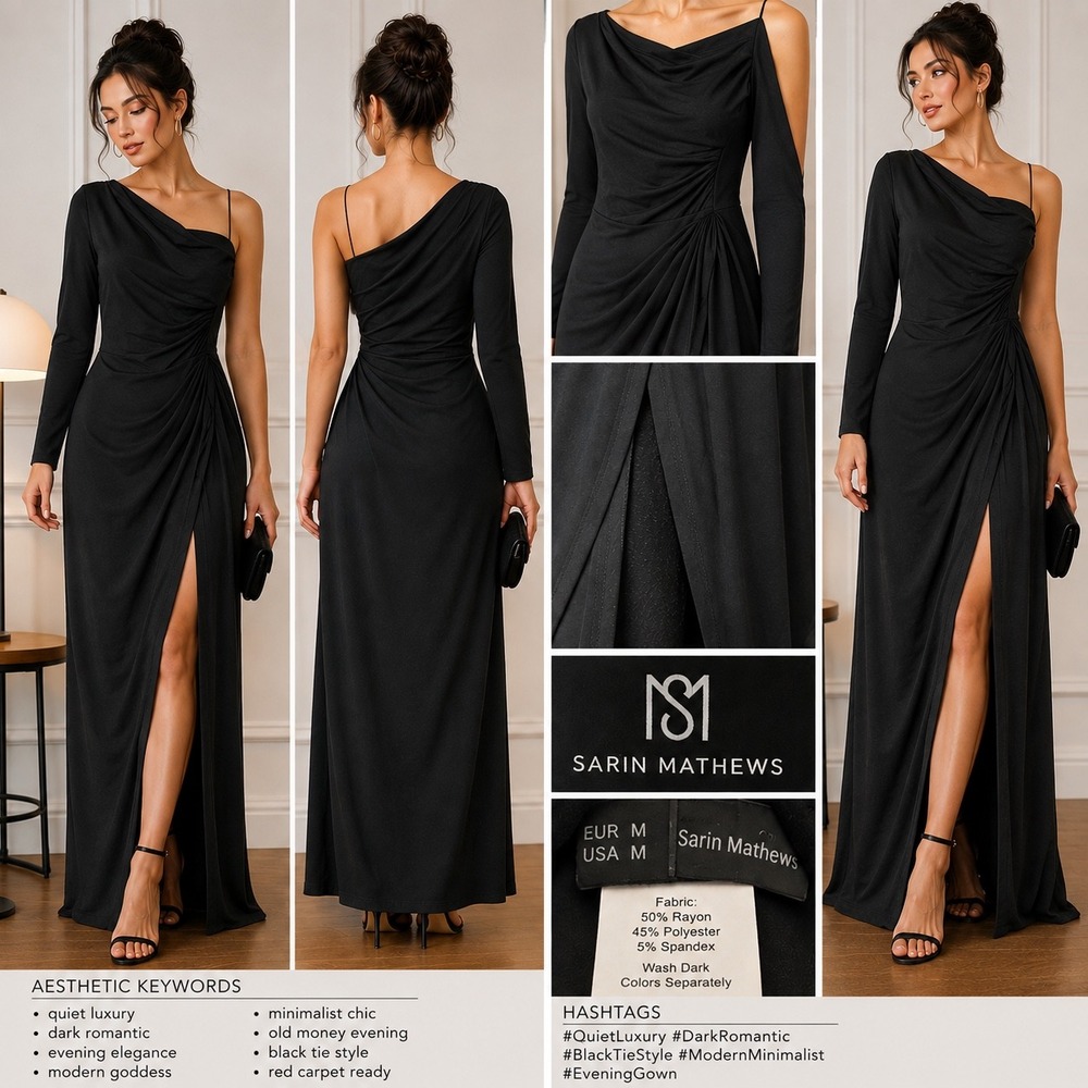 Sarin Mathews One Shoulder Ruched Maxi Gown Black Formal Evening Dress